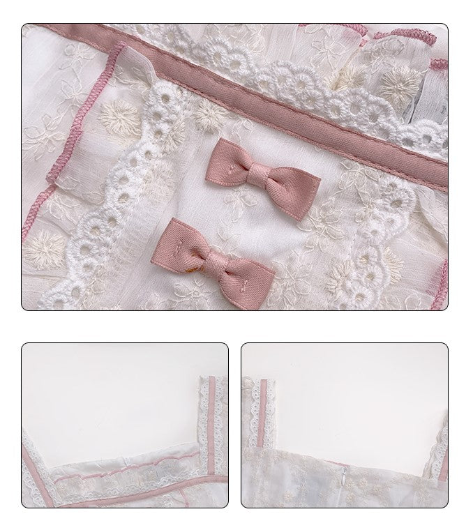 Innocent Romance Coquette Girl Pink Bow White Lace Short Dress