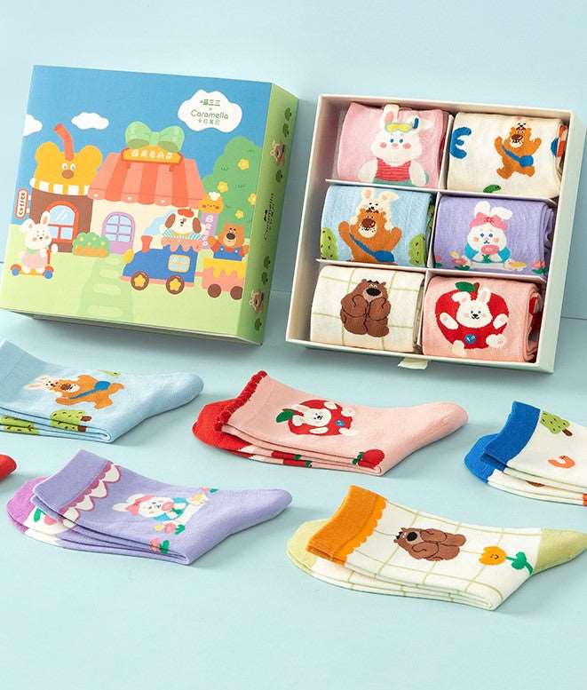 Bear Rabbit Kidcore Children Cute Colorful Pastel Kawaii Girl Cotton Socks 6 Patterns Pairs Sets