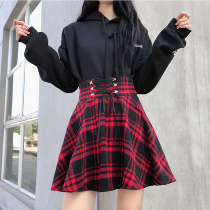 Plus Size Gray & Red High Waist Strap Black Tartan Pattern Umbrella Skirt