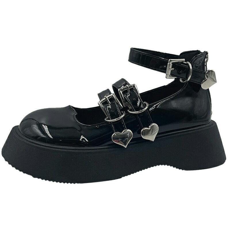 Gothic Student Two Heart Strap Thick Soled Mary Jane Black Leather Shoes