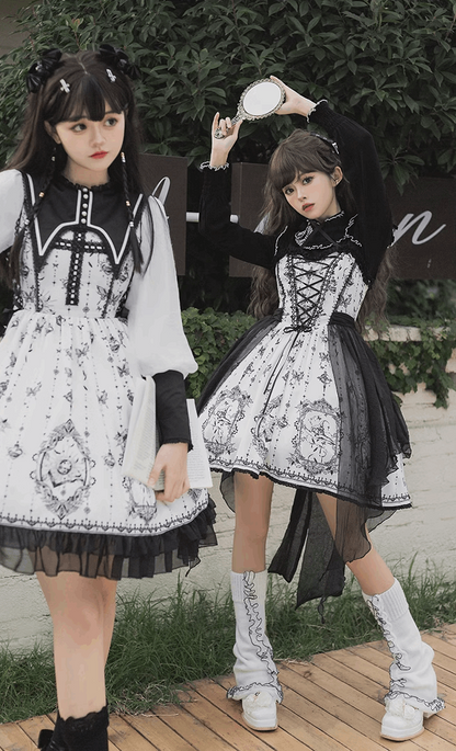 Butterfly Twins Gray Black White Gothic Princess Lace Bow Dollcore Girl Dress