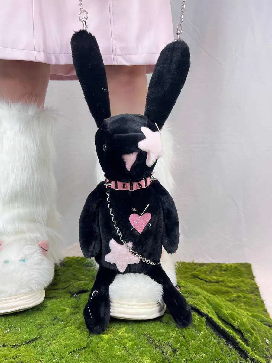 Black White Rabbit Doll Cute Plush Chain Star Love Collar Messenger Bag