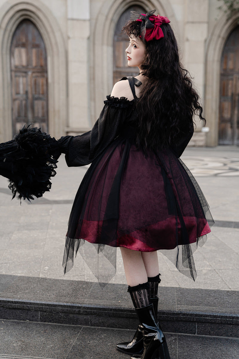 Gothic Dark Witch Off Shoulder Strap Black Red Long Sleeve Dress