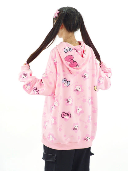 Cute Kitty Cat Print White Pink Yellow Y2K Oversize Hoodie