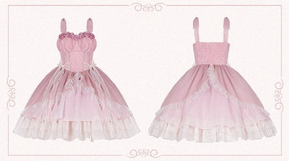 Universal Lolita Elegant Rose Fairy Flower Girl Emboidery Pink Strap Dress