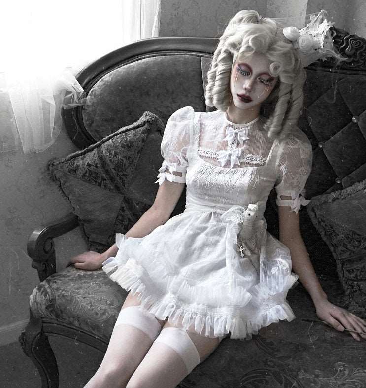 Blood Supply The White Doll Goth Bunny Chiffon High Waist Puff Sleeve Dress