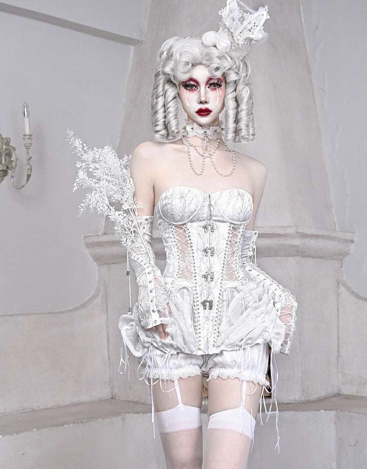 Blood Supply The White Doll Goth Princess Silver Cross Fishbone Birdcage Corset Four Piece Set