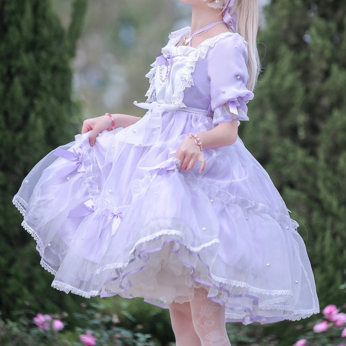 Pastel Pink Blue White Purple Princess Elegant Ribbon Pearl Gown Dress