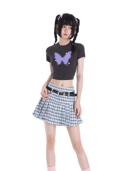 Y2K Plaid Pink Blue High Waist Pleated Mini Skirt Stars Belt