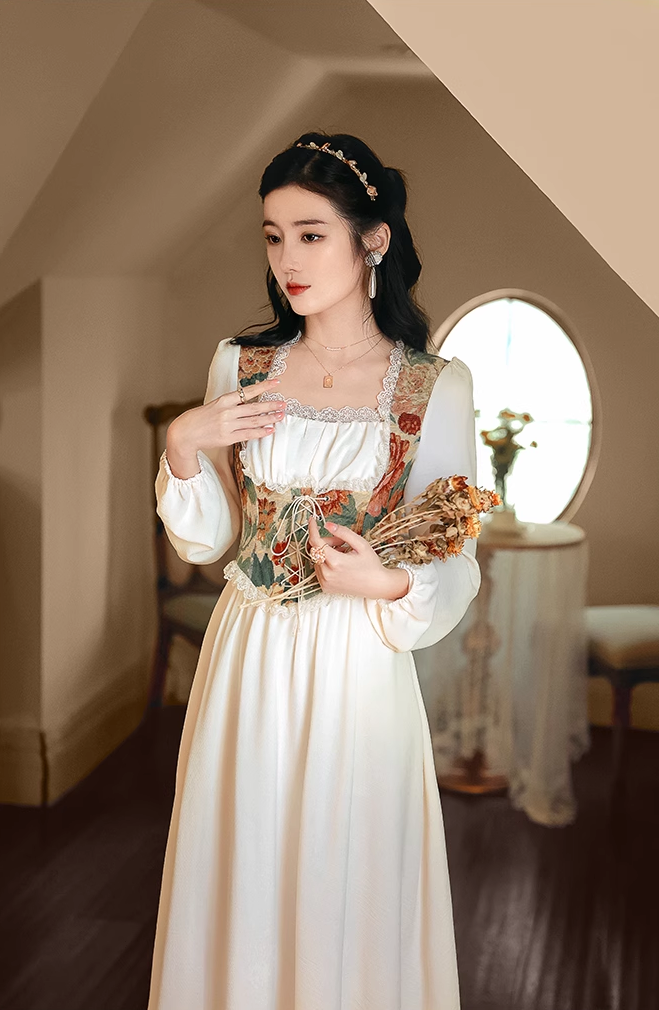 Vintage Glow Rococo Retro Cottagecore Floral Print Lace Corset Square Collar White Long Dress