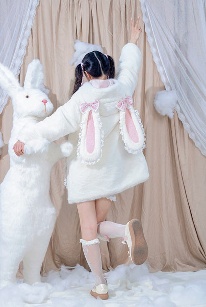 Pastel Pink & White Pattern Lace Sweet Japanese Girl Rabbit Ears Hooded Coat