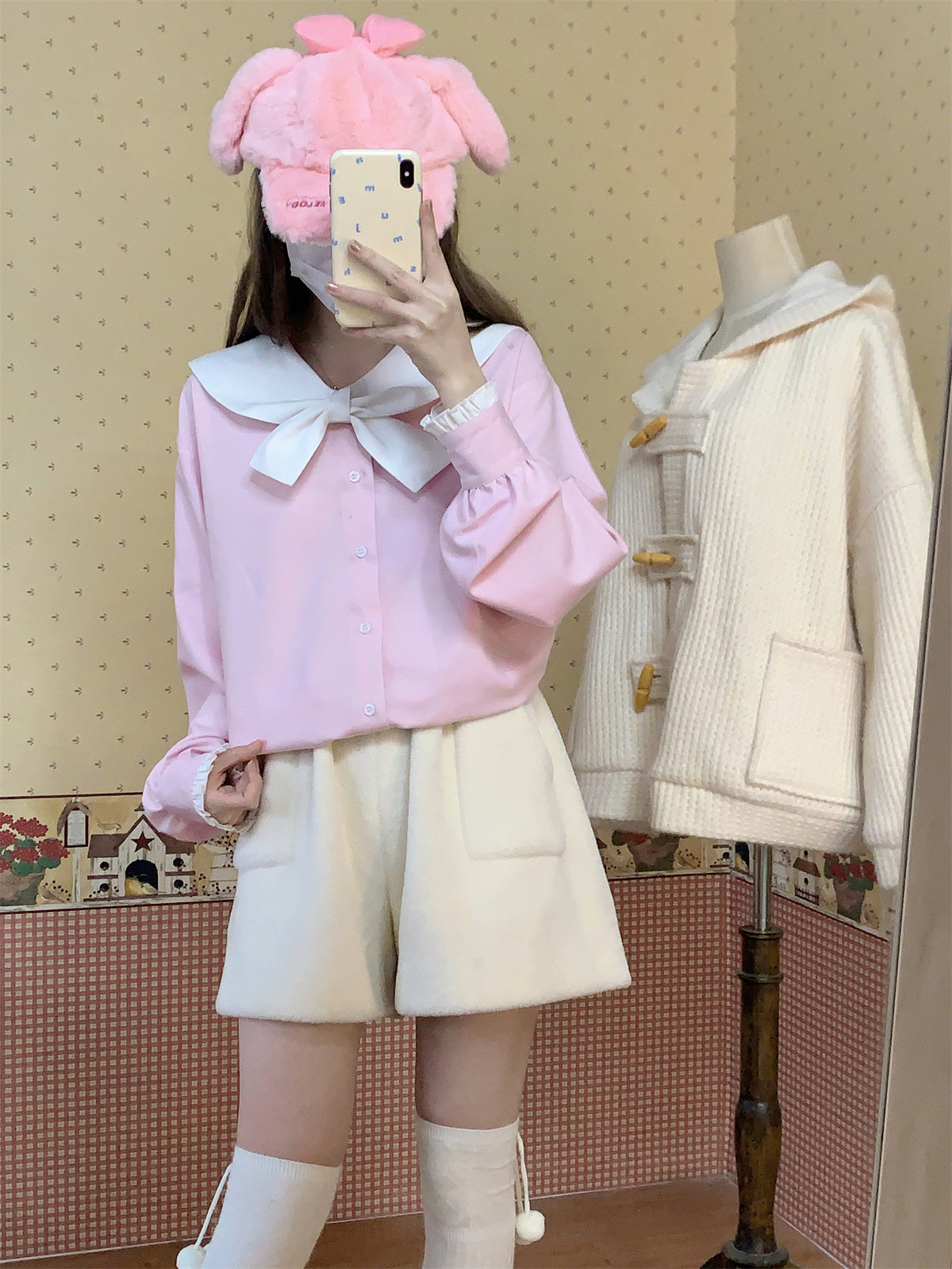 Cute Soft Pastel Pink Sailor Collar Long Sleeve T-Shirt Top