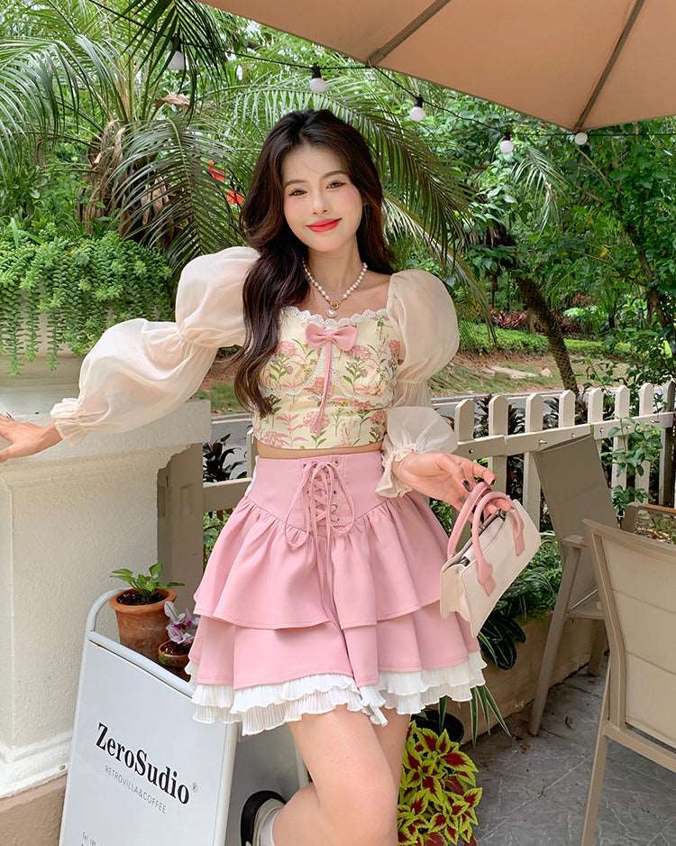 Sweet Vintage French Style Elegant Pink Flower Floral Long Sleeve Blouses Tops & Pink Skirts Two piece