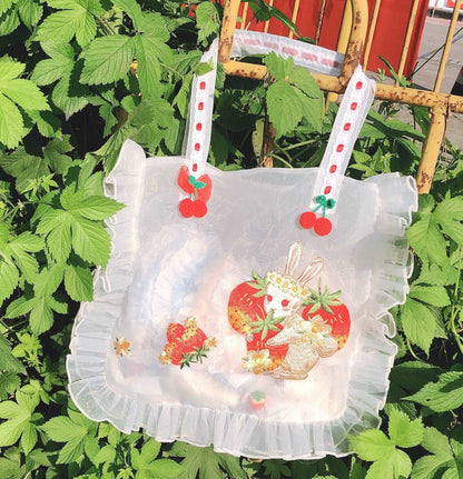 Embroidery Strawberry Rabbit Cherry Tote Bag