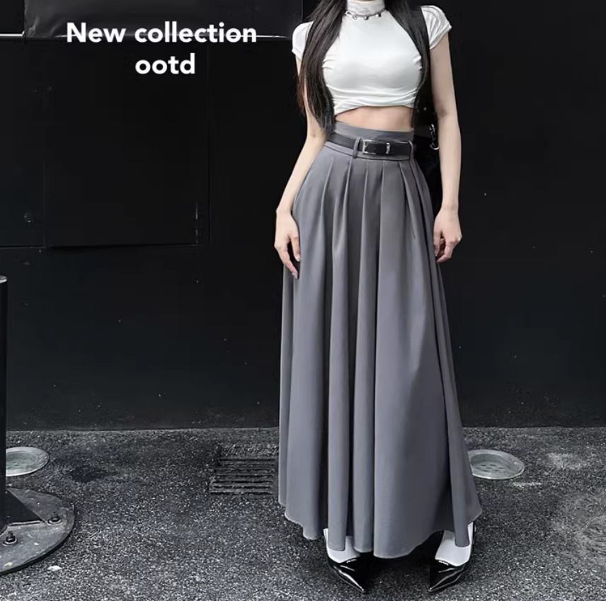 Summer High Waist Pleated A-line Long Gray Grey Pink Skirt