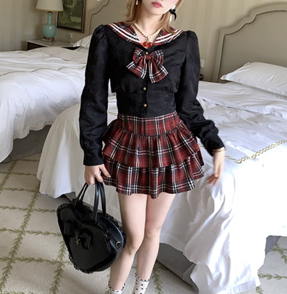 Picnic Girl Dark Red Black Plaid Rose Print Sailor Collar Long Sleeve Top Mini Skirt Two Piece Set