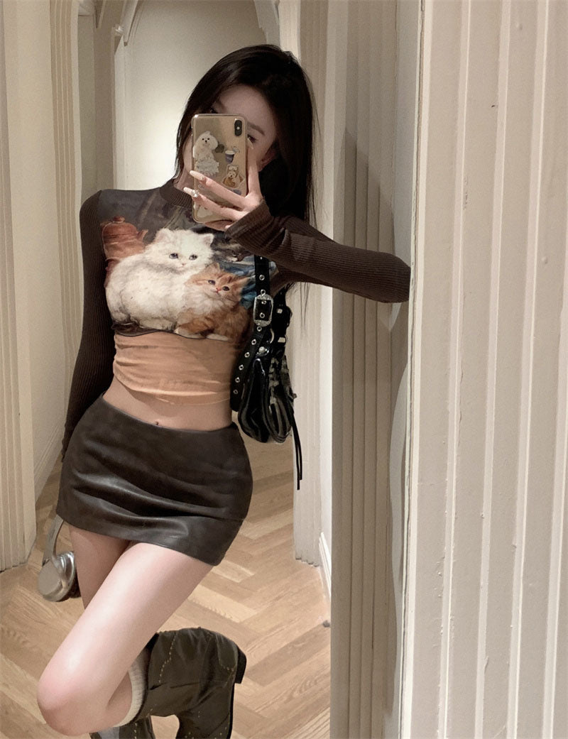 Retro Y2K Hot Girl Cat Print Long Sleeve Grunge Brown Shirt Crop Top