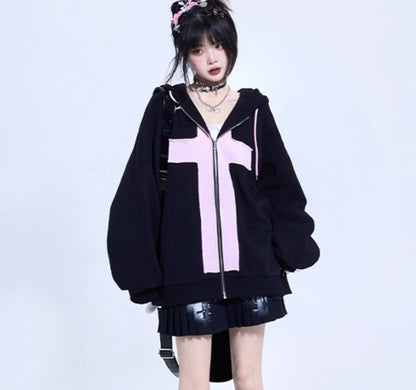 Rabbit Ears Pink Cross Cool Trendy Goth Sweatshirt Jacket Oversize Black Hoodie