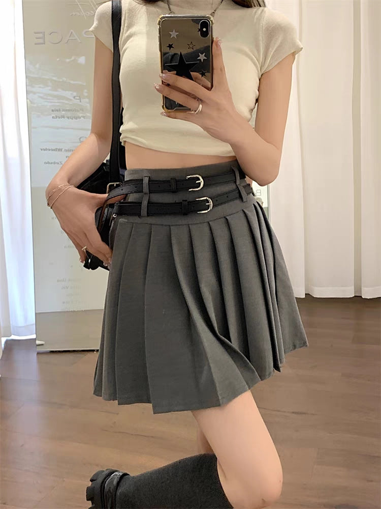 Double Leather Belt Chic Y2K Modern Black Grey Gray Pleated Skirt