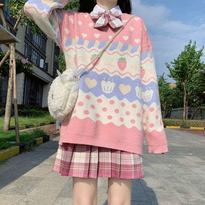 Japanese Cute Student Girl Autumn Fall Winter Warm Strawberry Heart Pattern Embroidery Blue Cream Pastel Stripe Long Sleeve Pink Sweater