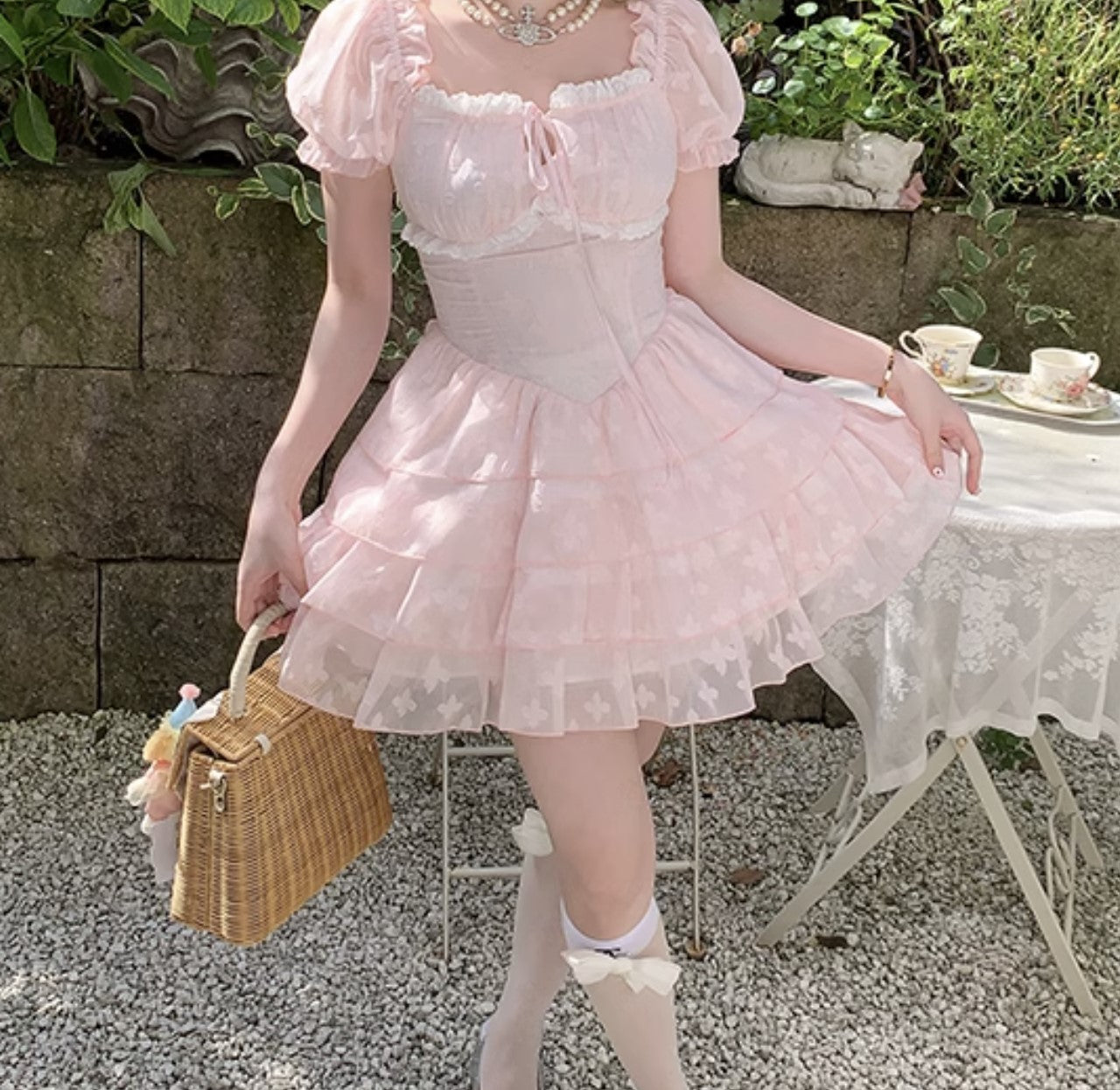 Picnic Girl Tea Party Princess Pink Sweet Bow Puff Sleeve Chiffon Dress