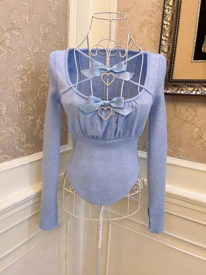 Sweetheart Princess Cross Bow Halter Top Long Sleeve Blue White Pink Red Sweater Top