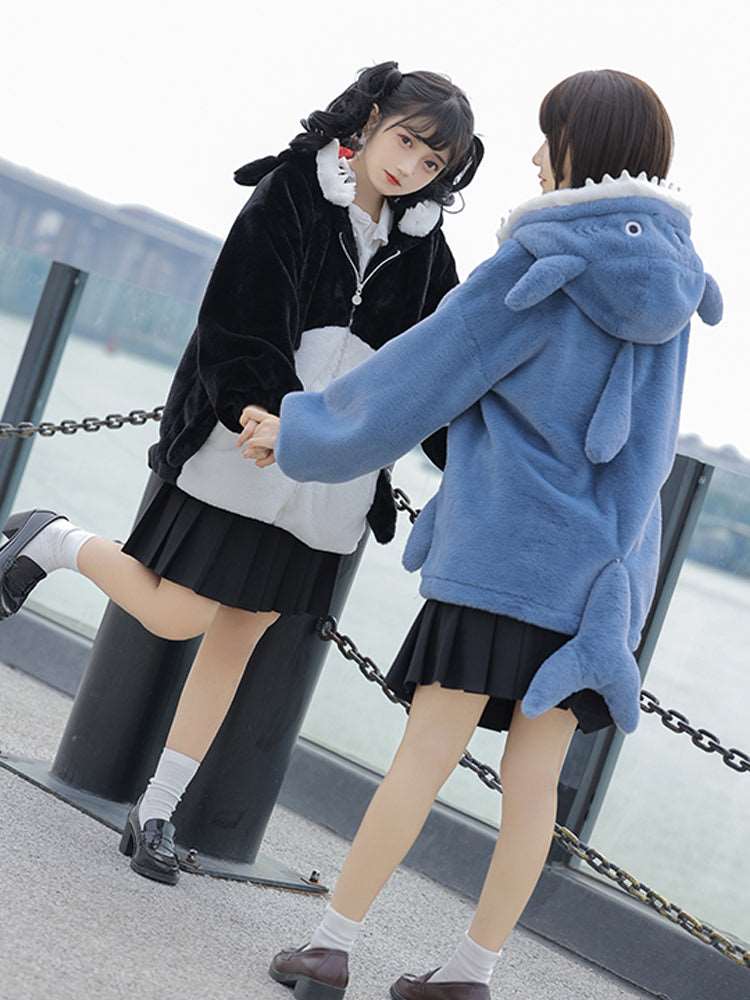 Japanese Girl Cute Cartoon Cozy Black & Blue Shark Tail Zipper Cashmere Wool Hoodie Jacket