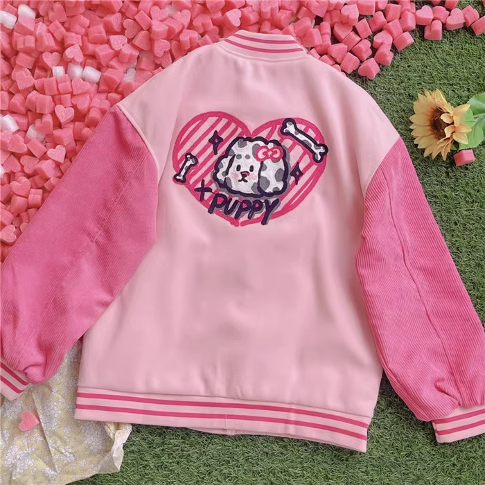 Harajuku Style Puppy Dog Heart Hot Pink White Baseball Jacket