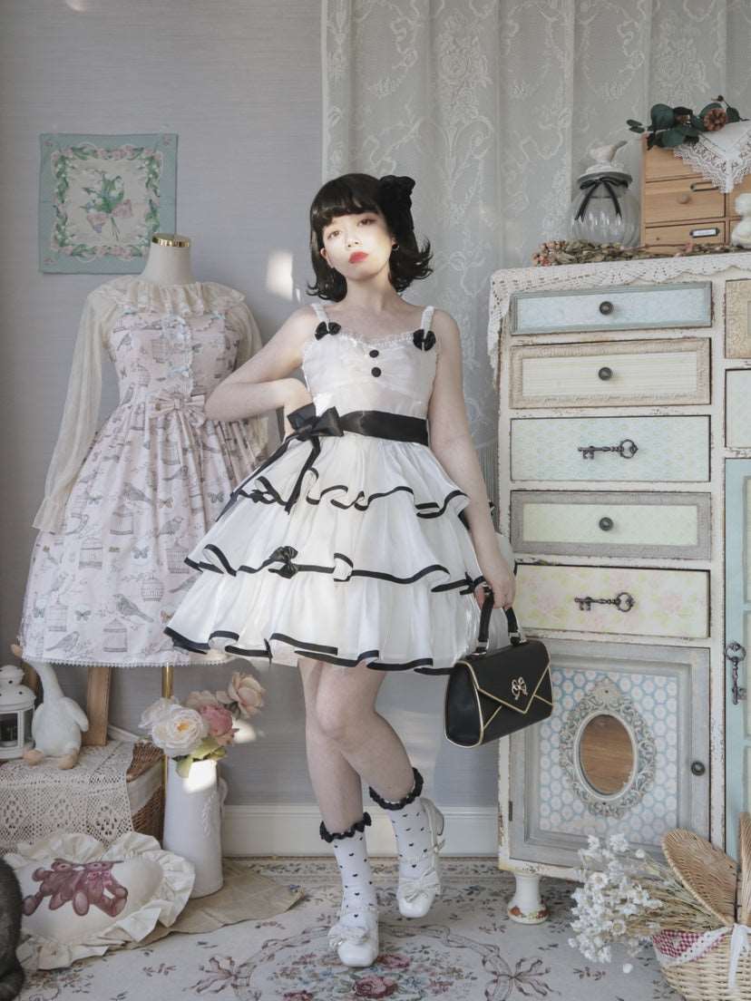 Black Pink White Sweet Lace Layered Cake Strap Dress