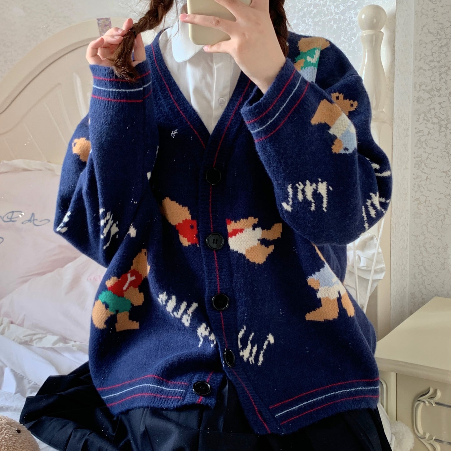 Cute Bear Cream & Navy Blue Color Knitted Cardigan Cozy Girl