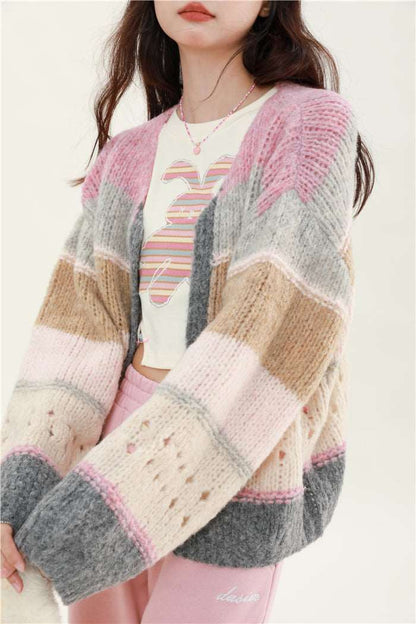 Brown Gray Pink Soft Girl Autumn Knitted Sweater Cardigan