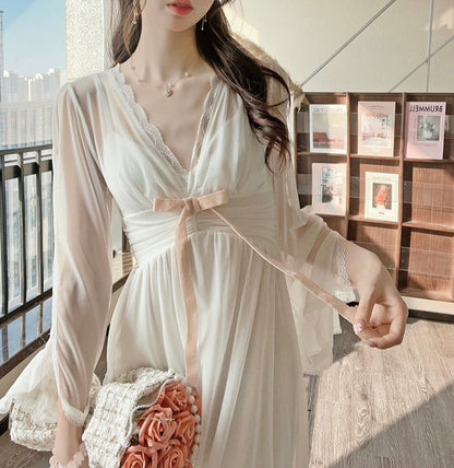 Sexy Lace Pink & White V Neck Strap Nightdress & Robe