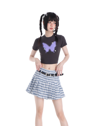 Y2K Plaid Pink Blue High Waist Pleated Mini Skirt Stars Belt