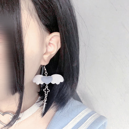 Harajuku Idol Anime Girl Sweet Pink Blue Heart Angel Wings Silver Cross Syringe Earrings