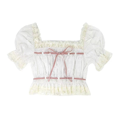 Angel Kiss Lace Pink Ribbon White Top Blouse & Bow Denim Shorts Two Piece Set