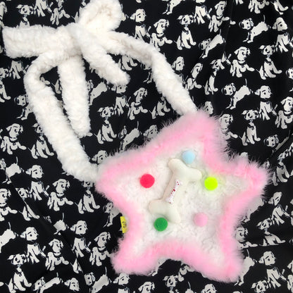 Y2K Star Bone White Pink Plush Handmade 3D Messenger Bag