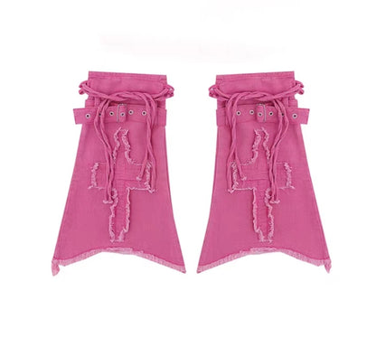 Hot Pink Summer Cool Fashion Cross Embroidery Denim High Waist A Line Skirt Leg Warmers Two Piece Set