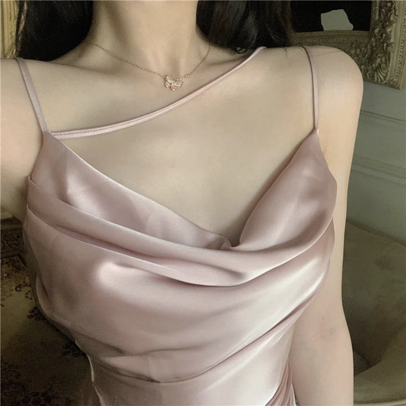 Rose Pink Elegant Regal Satin Strap Maxi Long Slip Dress