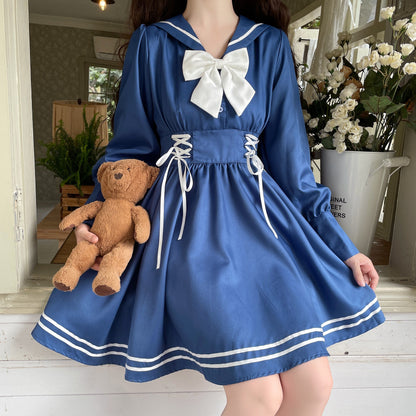 Sweet Girl Sailor Collar Navy Blue & White Bow Dress