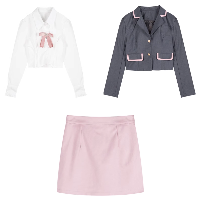 Monet Dark Academia Pink Gray Blazer Jacket White T Shirt Pink Short Skirt Three Piece Set