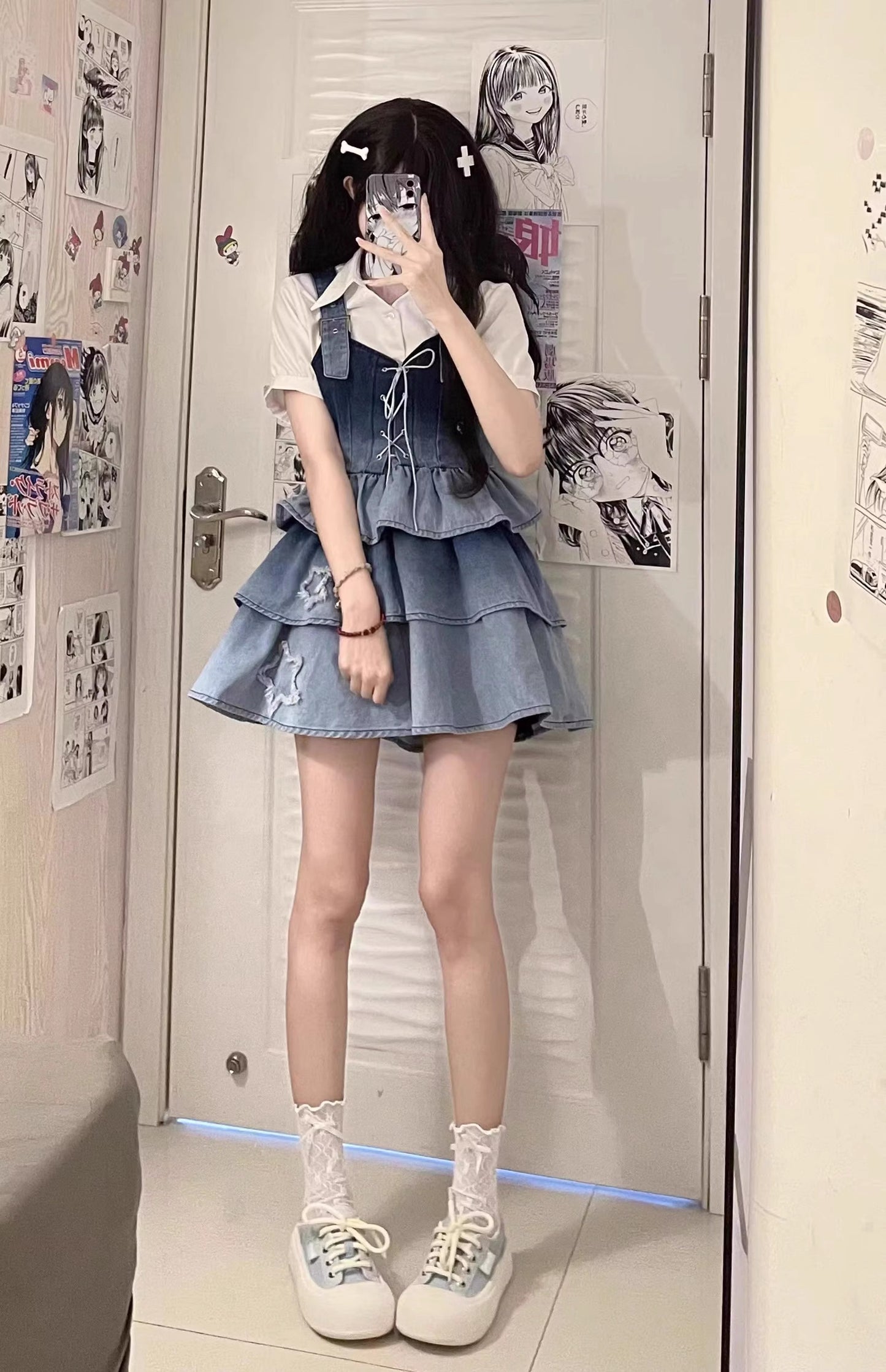 Y2K Cute Gradient Dyed Blue Stars Denim Suspender Shirt & Short Skirt Two Piece Set