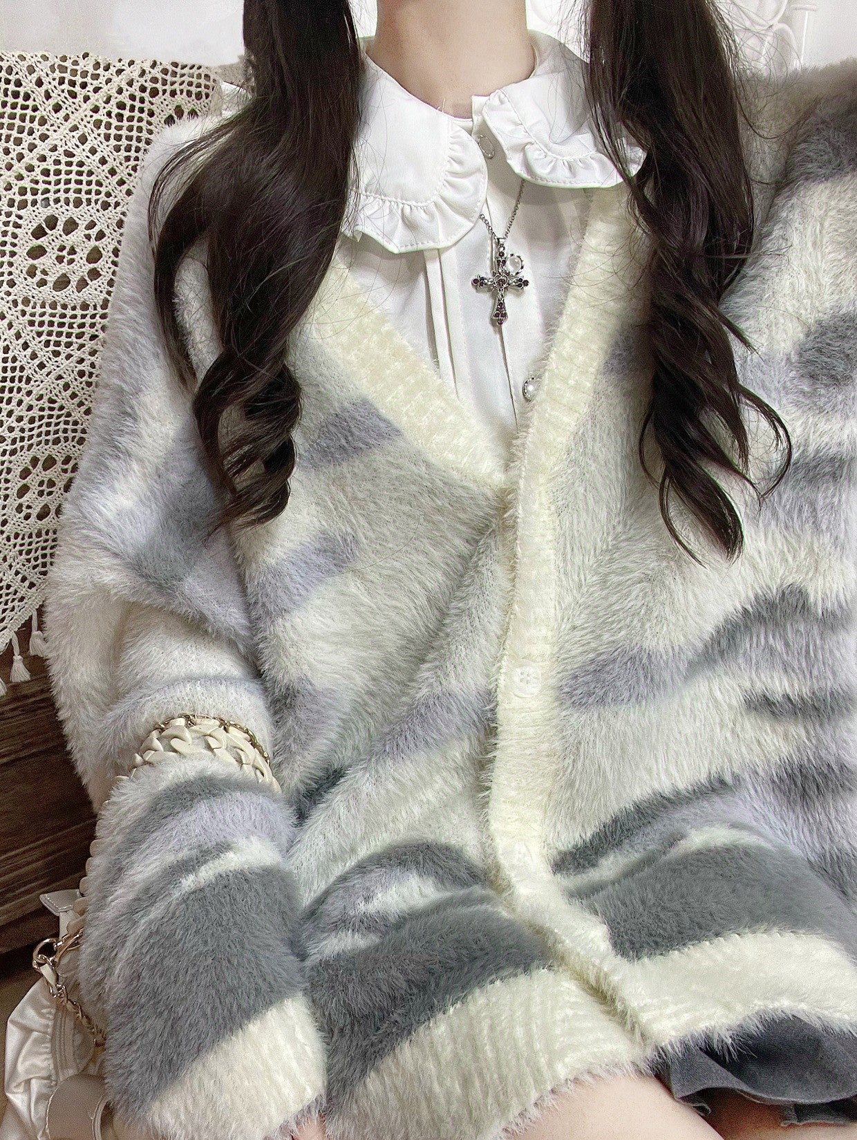 Calico Cat & Gray Tabby Cat Faux Mink Fur Cardigan Sweater