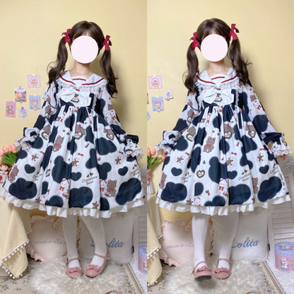 Heart Teddy Bear Milk Black & Pink Sailor Collar Long Sleeve Dress