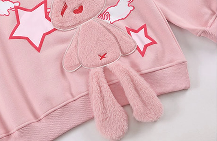 Escape from the Earth Goth Rabbit Black Pink Plush Fleece Cotton Big Loose Cozy Jacket Hoodie