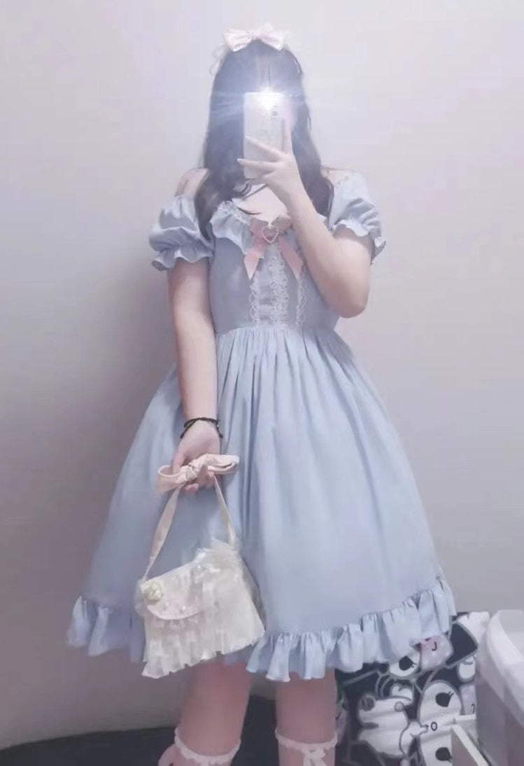 Elegant Magical Girl Blue Lace Dress with Pink Ribbon & White Apron