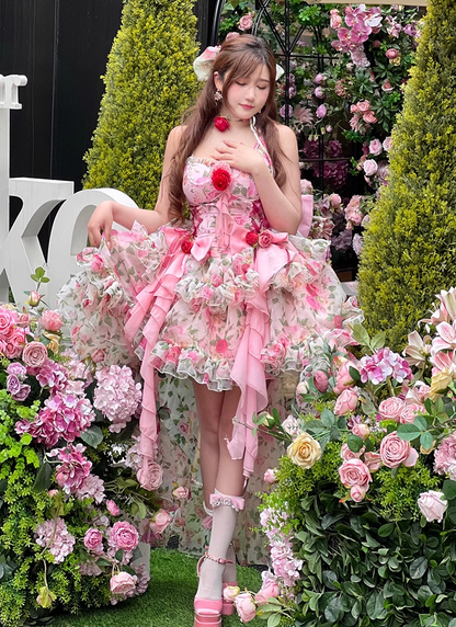 Diamond Sweetheart Pink & Red Southern France Rose Princess Floral Lolita Dress