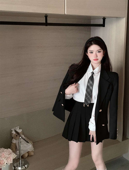 Black & Pink Blazer Jacket Long Sleeve Shirt Skirt Three Piece Set