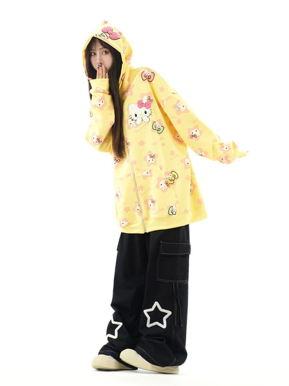 Cute Kitty Cat Print White Pink Yellow Y2K Oversize Hoodie