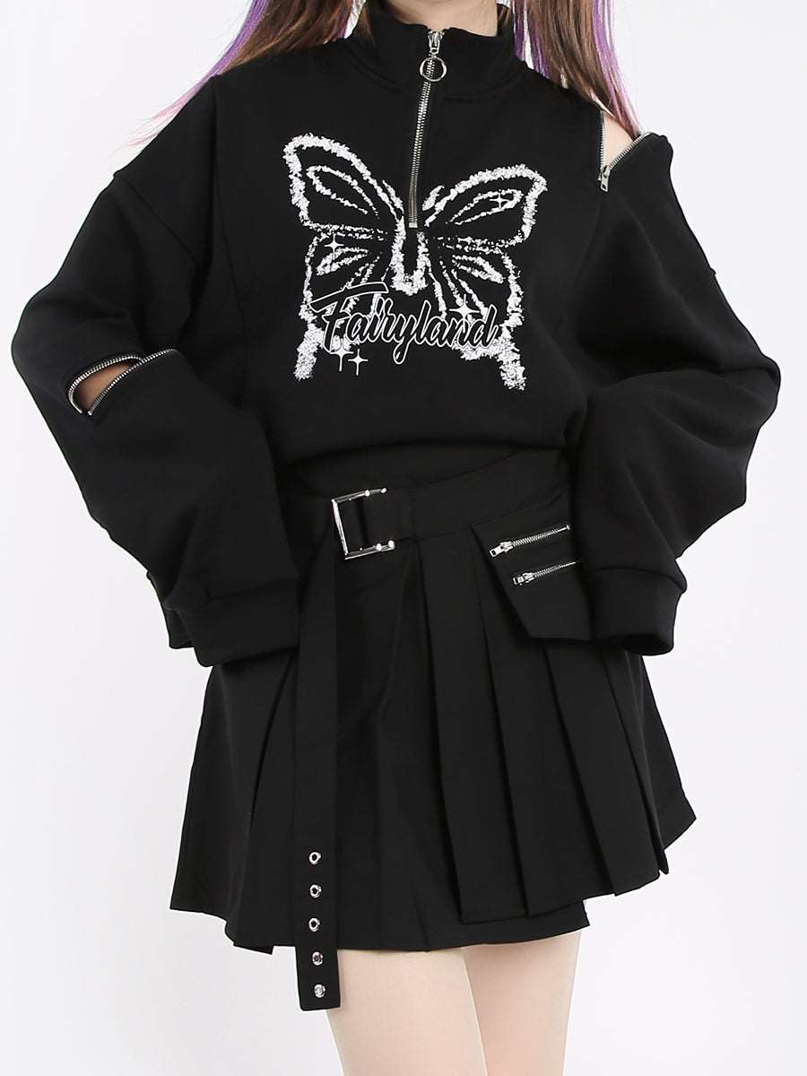 Butterfly Dream Fairyland Zipped Up Zipper Street Punk Rock Girl Cozy Black Sweater