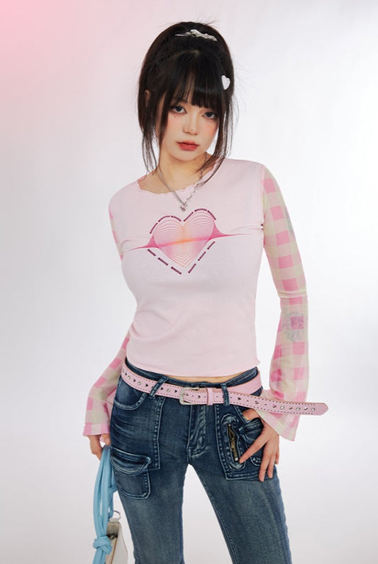 Heart Plaid Sleeve Pastel Y2K Pink Purple Long Sleeve Shirt Top